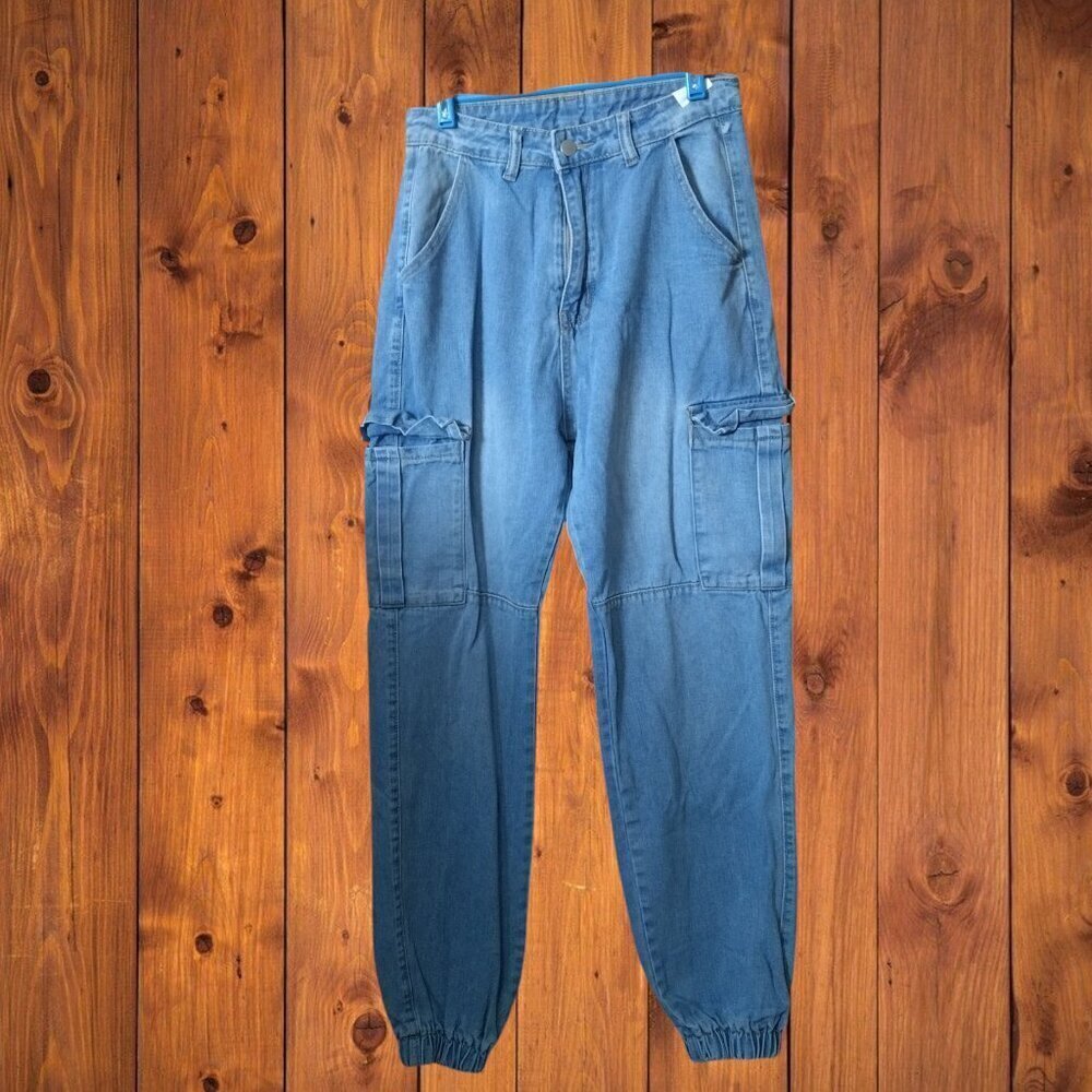 SHEIN Size Medium Blue Denim Cargo Jogger Jeans Pockets Utility Grunge